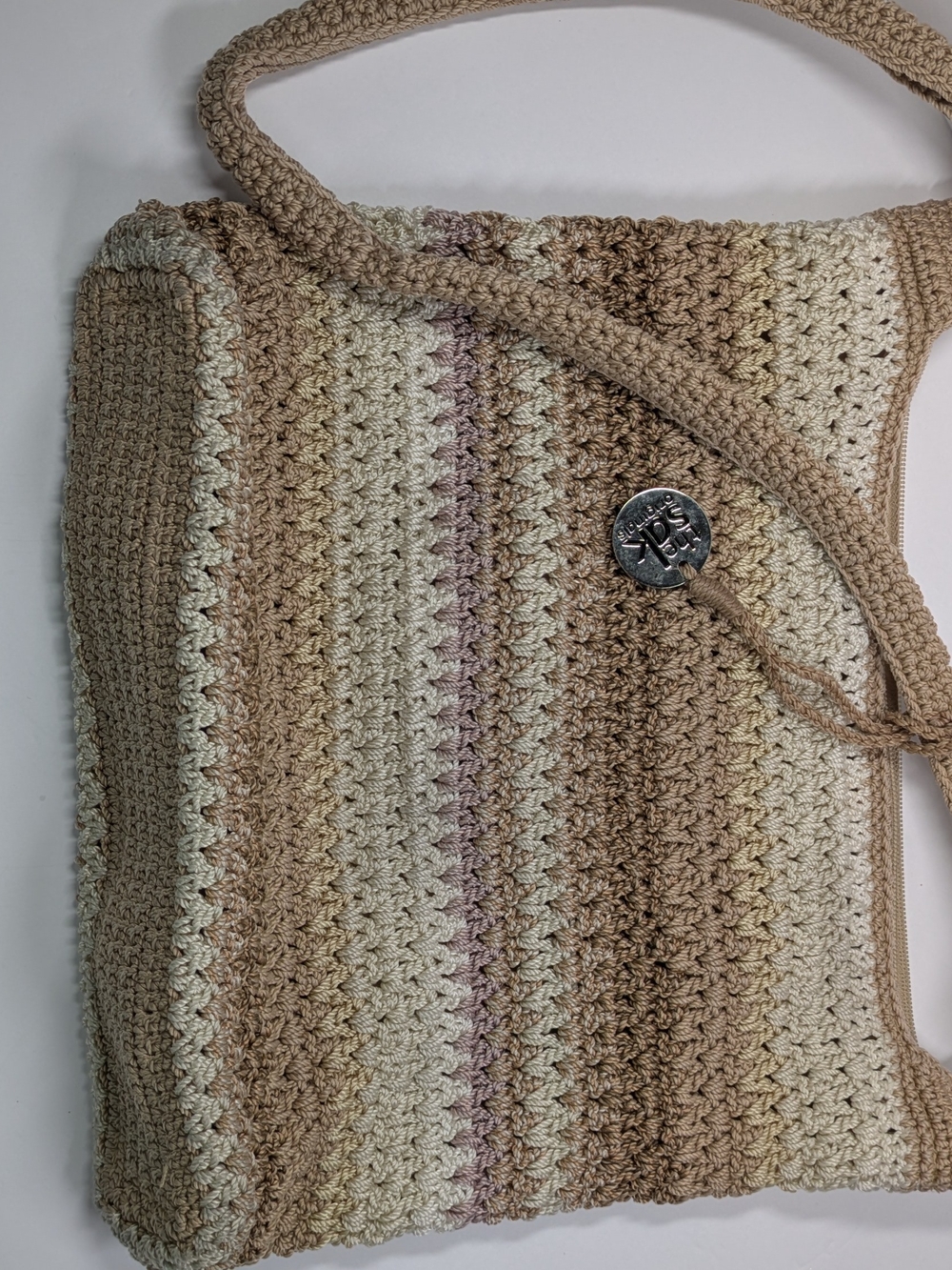 The Sak Beige and Cream Crochet Shoulder Bag with Subtle Taupe Stripes